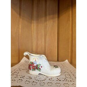 Vintage Porcelain Christmas Boot Ornament Poinsettia Holly Shoe